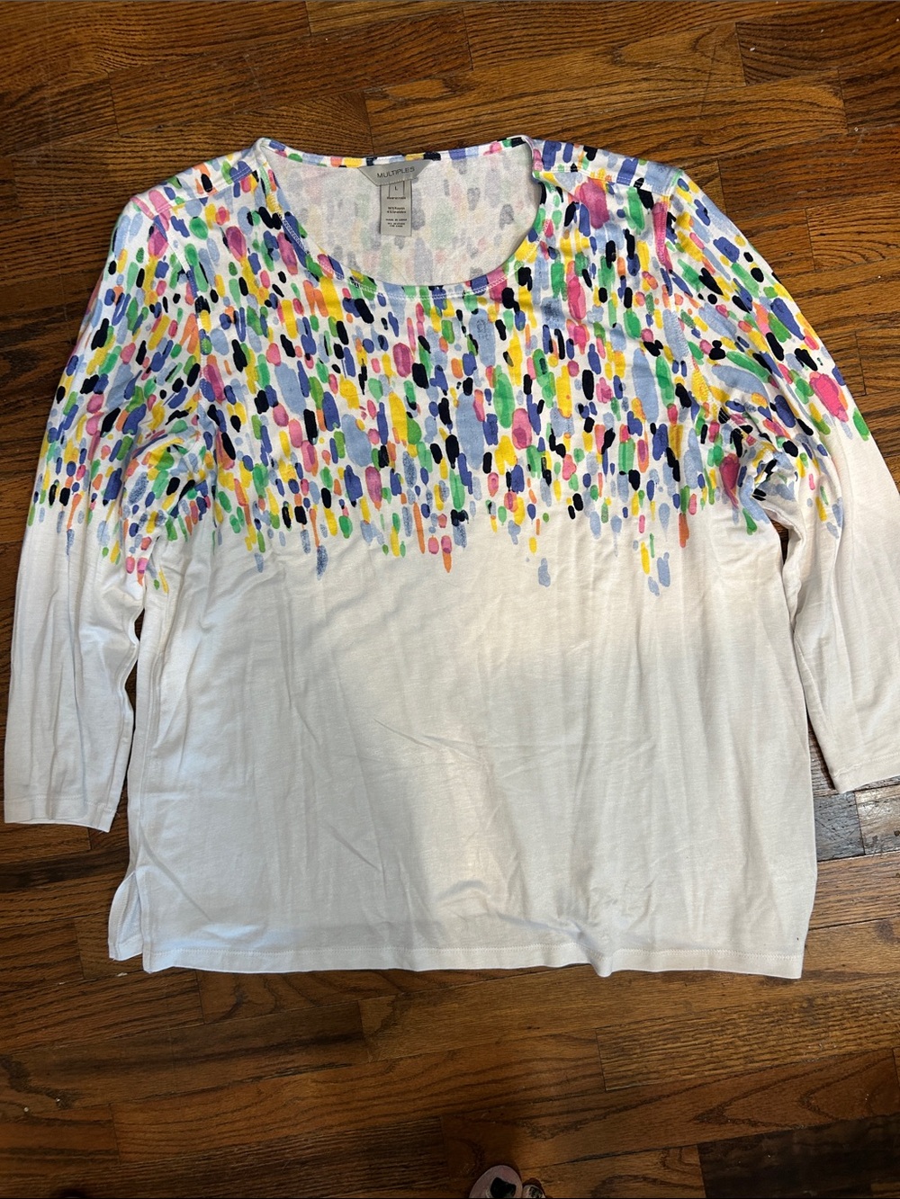 Multiples White Scoop Neck Blouse with Multicolor Paint-Dot Print